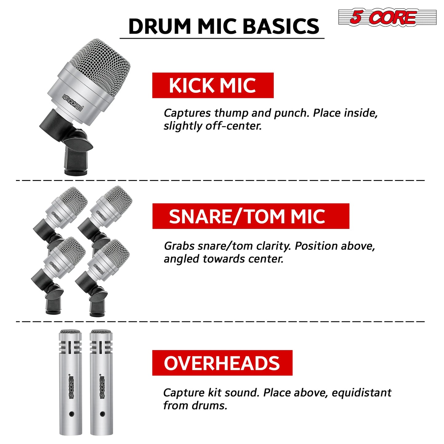 5Core Drum Mic Kit 7 Pcs Kick Basstom Snare Dynamic Microphone Instrument Mics Set Silver