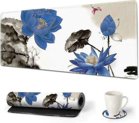Large Gaming Mouse Pad with Stitched Edges, XXL Extended Keyboard Mat Long Mousepad Desk Decor Writing Pad 35.1X15.7 In, Non-Slip Base for Work, Game, Office, Home, Blue Lotus Ink Painting