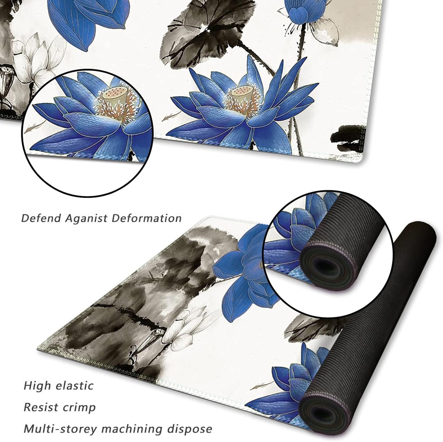 Large Gaming Mouse Pad with Stitched Edges, XXL Extended Keyboard Mat Long Mousepad Desk Decor Writing Pad 35.1X15.7 In, Non-Slip Base for Work, Game, Office, Home, Blue Lotus Ink Painting