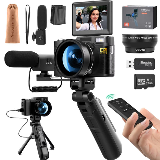G-Anica 4K Digital Cameras for Photography48Mp Video Camera for Youtube Vlogger Kit-Microphone & Remote Control Tripod Grip