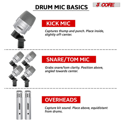 5Core Drum Mic Kit 7 Pcs Kick Basstom Snare Dynamic Microphone Instrument Mics Set Silver