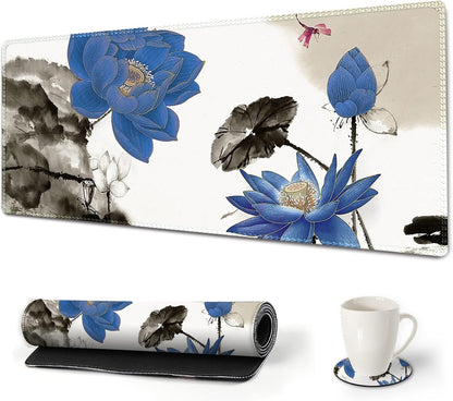 Large Gaming Mouse Pad with Stitched Edges, XXL Extended Keyboard Mat Long Mousepad Desk Decor Writing Pad 35.1X15.7 In, Non-Slip Base for Work, Game, Office, Home, Blue Lotus Ink Painting