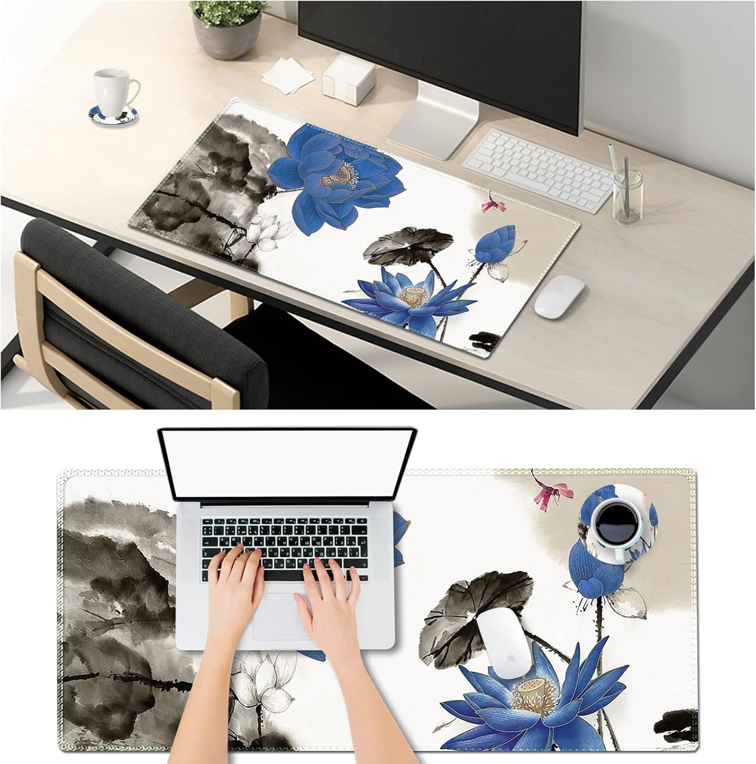 Large Gaming Mouse Pad with Stitched Edges, XXL Extended Keyboard Mat Long Mousepad Desk Decor Writing Pad 35.1X15.7 In, Non-Slip Base for Work, Game, Office, Home, Blue Lotus Ink Painting