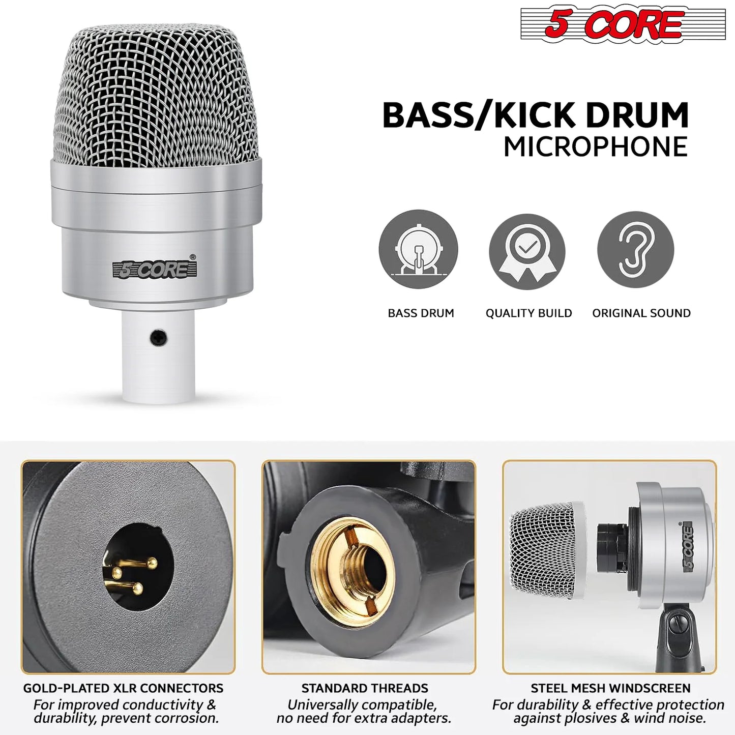 5Core Drum Mic Kit 7 Pcs Kick Basstom Snare Dynamic Microphone Instrument Mics Set Silver