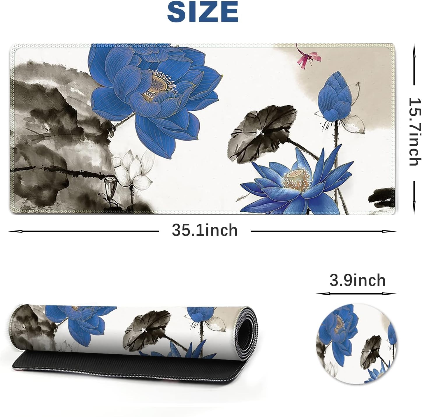 Large Gaming Mouse Pad with Stitched Edges, XXL Extended Keyboard Mat Long Mousepad Desk Decor Writing Pad 35.1X15.7 In, Non-Slip Base for Work, Game, Office, Home, Blue Lotus Ink Painting