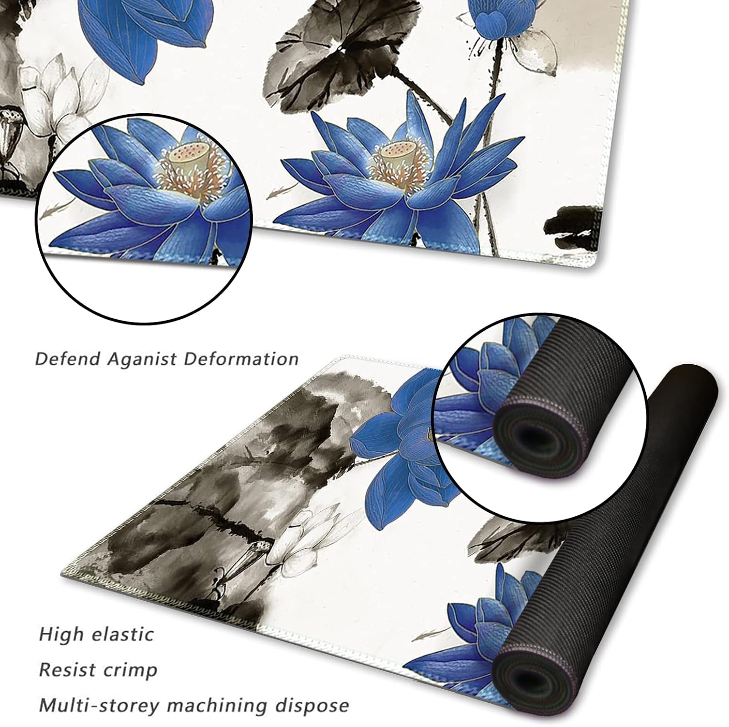 Large Gaming Mouse Pad with Stitched Edges, XXL Extended Keyboard Mat Long Mousepad Desk Decor Writing Pad 35.1X15.7 In, Non-Slip Base for Work, Game, Office, Home, Blue Lotus Ink Painting