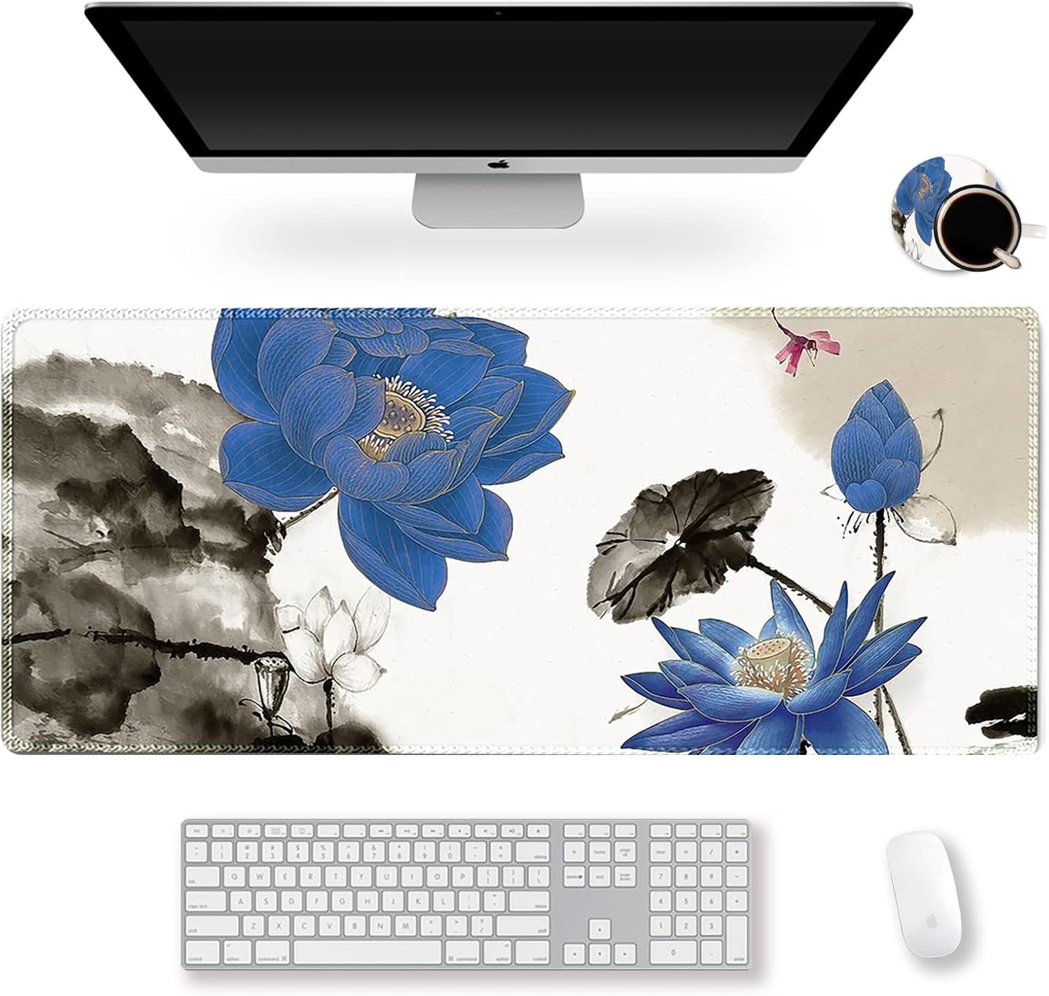 Large Gaming Mouse Pad with Stitched Edges, XXL Extended Keyboard Mat Long Mousepad Desk Decor Writing Pad 35.1X15.7 In, Non-Slip Base for Work, Game, Office, Home, Blue Lotus Ink Painting