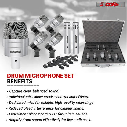 5Core Drum Mic Kit 7 Pcs Kick Basstom Snare Dynamic Microphone Instrument Mics Set Silver