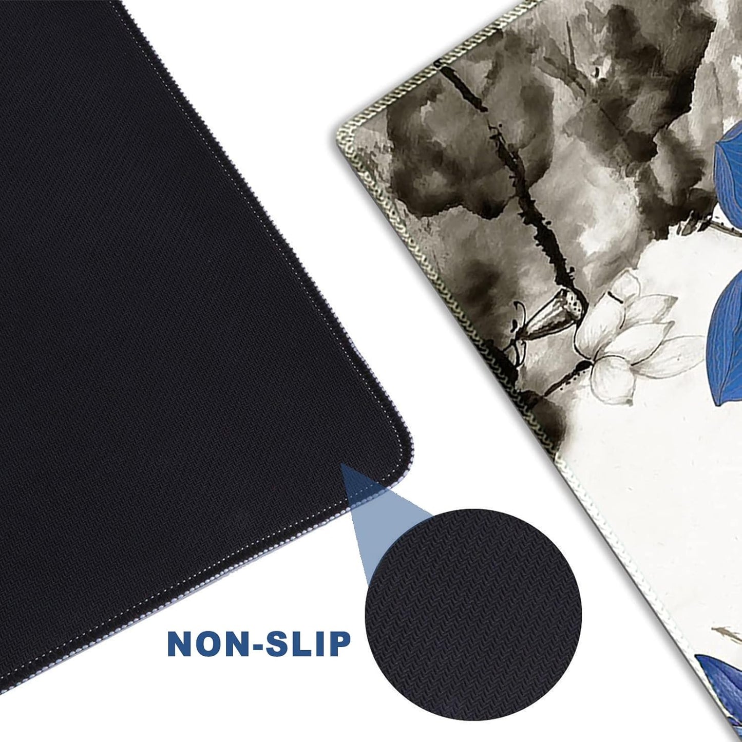 Large Gaming Mouse Pad with Stitched Edges, XXL Extended Keyboard Mat Long Mousepad Desk Decor Writing Pad 35.1X15.7 In, Non-Slip Base for Work, Game, Office, Home, Blue Lotus Ink Painting